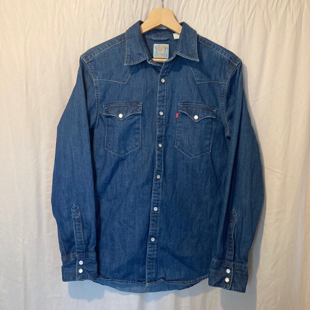 Levi Strauss Barstow Western Denim Shirt Blue Shorthorn Pearl Snap Small
